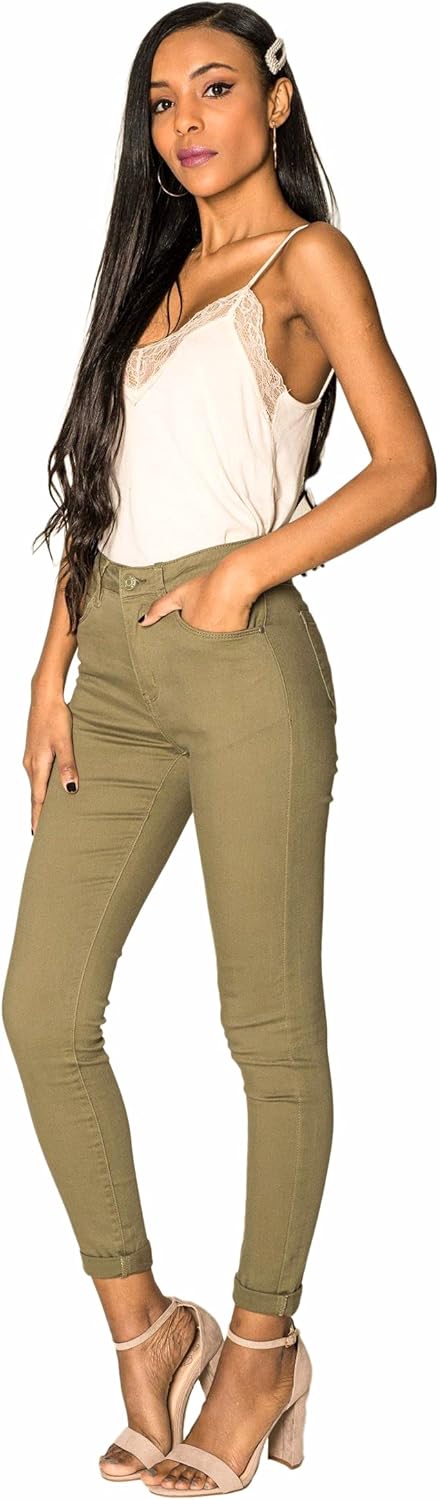 Nina Carter P109 Damen Skinny Fit Jeans High Waist Slim Hose Figurbetonte Stretch Jeanshose S Khaki