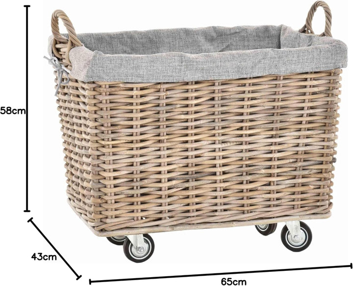 Stabiler Kaminholzkorb Flechtkorb mit Inlett Roll Holzkorb Rollkorb Natur-Rattan (Natur-Grau mit Rol