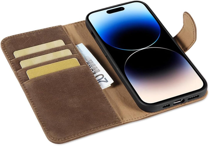 LENSUN Lederhülle für iPhone 14 Pro, Hülle Echtes Leder-Vintage Dunkelbraun | Handyhülle mit Magnetv