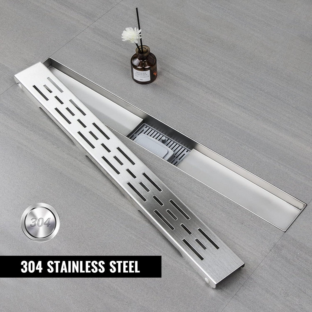 Duschrinne 60 cm, Strips Duschrinne extra flach, Edelstahl Bodenablauf Komplettset mit Siphon Haarsi