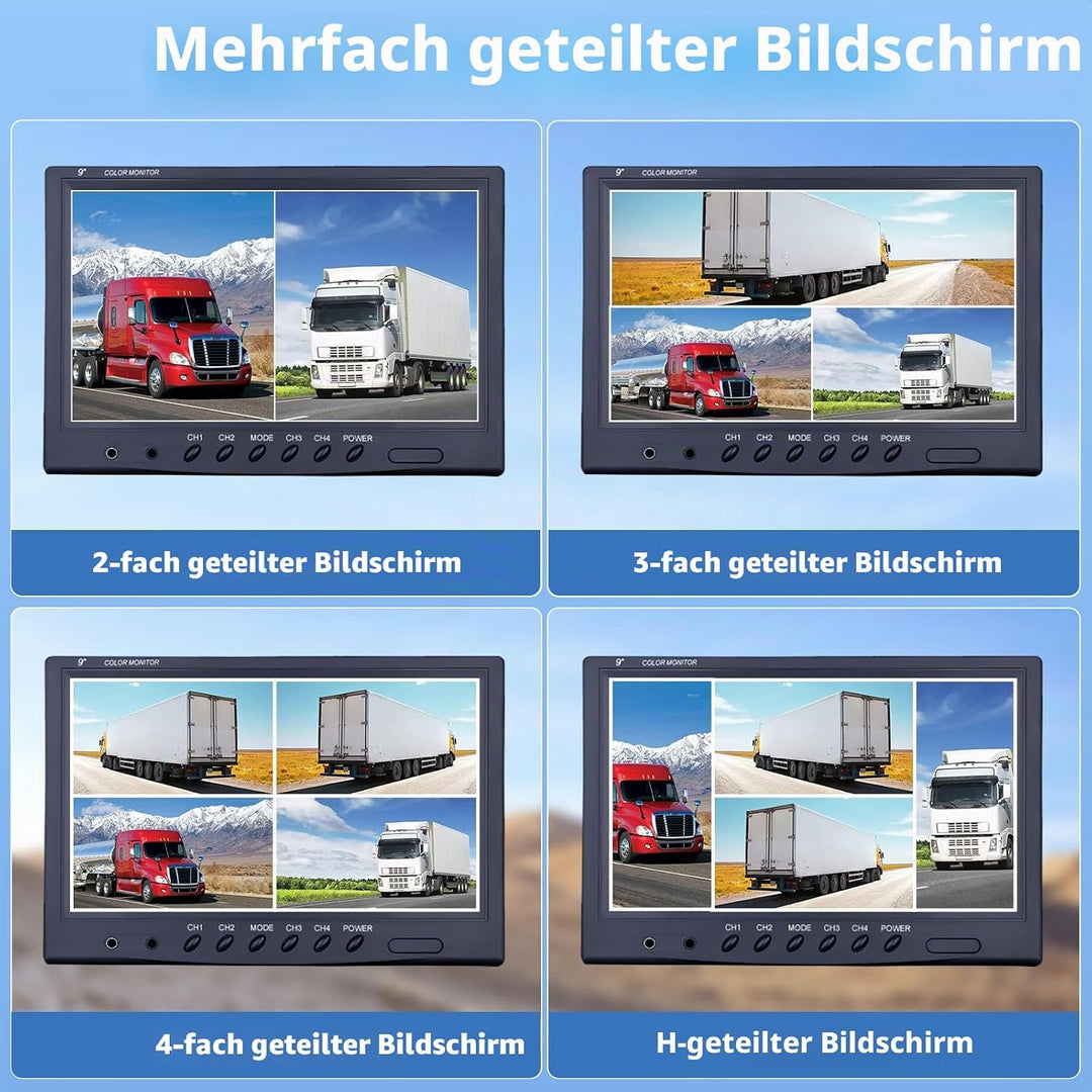 CAMECHO Rückfahrkamera 4 Kameras Set, 9 Zoll Monitor 4 Geteilte Rück und Vorder Kamera, Weitwinkel,