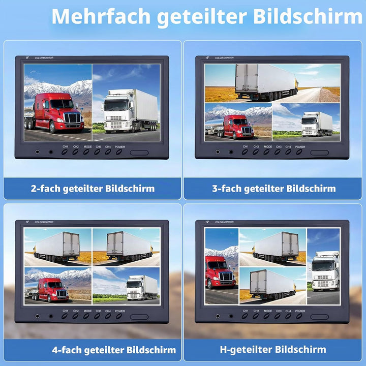 CAMECHO Rückfahrkamera 4 Kameras Set, 9 Zoll Monitor 4 Geteilte Rück und Vorder Kamera, Weitwinkel,