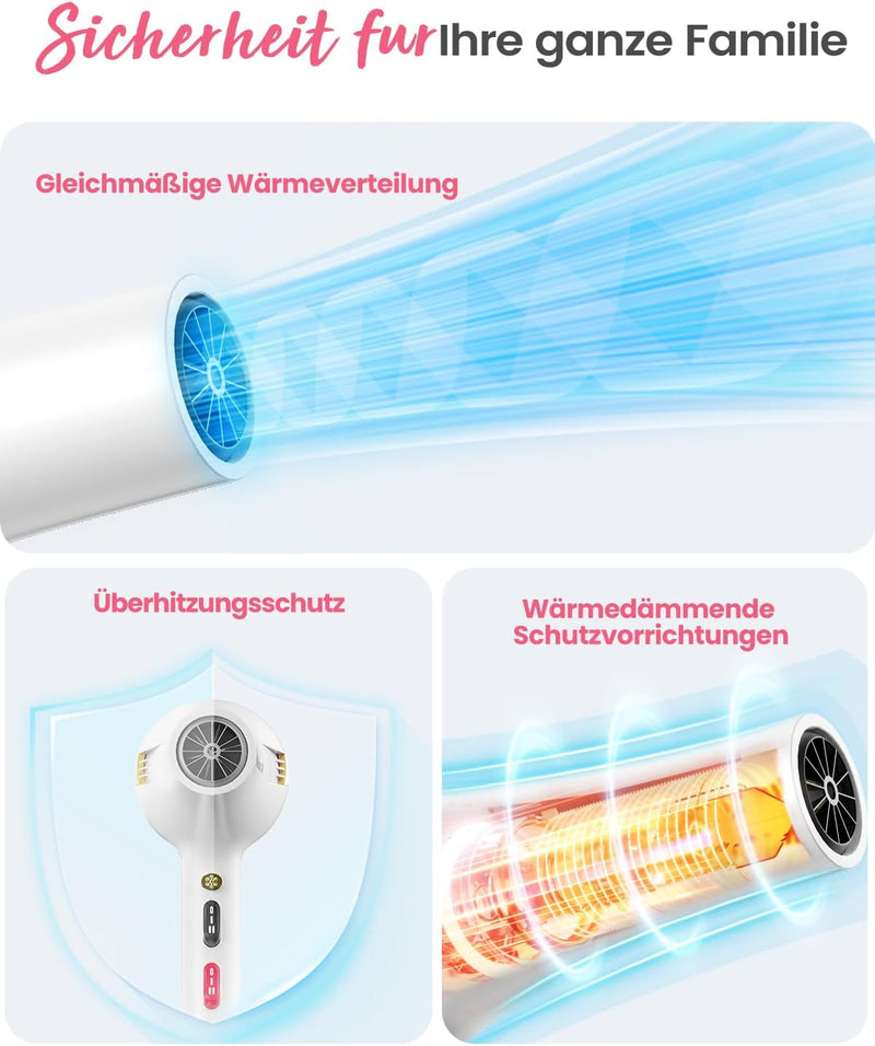 Dekuri Föhn Ionen, Profi Fön Haartrockner Hair Dryer Haarföhn mit 1 Diffusor 2 Stylingdüse, 3 Heiz u