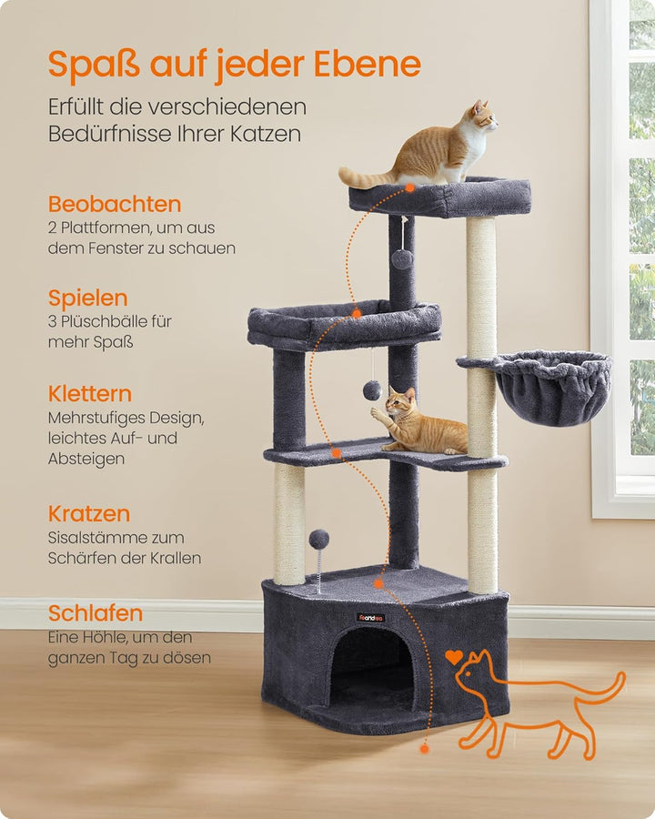Feandrea Kratzbaum, Katzenbaum, 48,5 x 48,5 x 140,7 cm, Katzenkratzbaum mit grosser Kuschelhöhle, gr