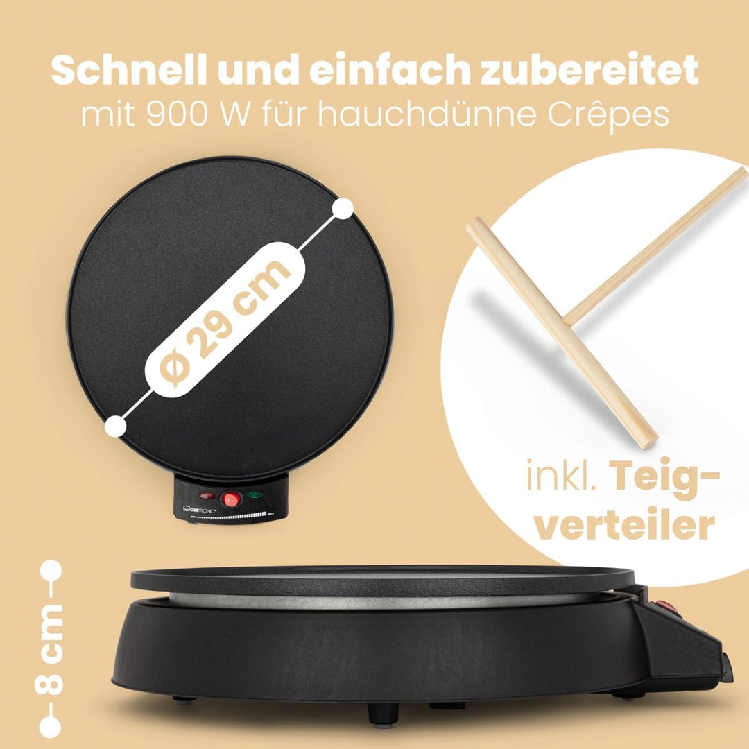 Clatronic CM 3372 Crepe-Maker, antihaft-beschichtete Platte: Ø 29 cm, Set inkl. Teigverteiler, Crepe