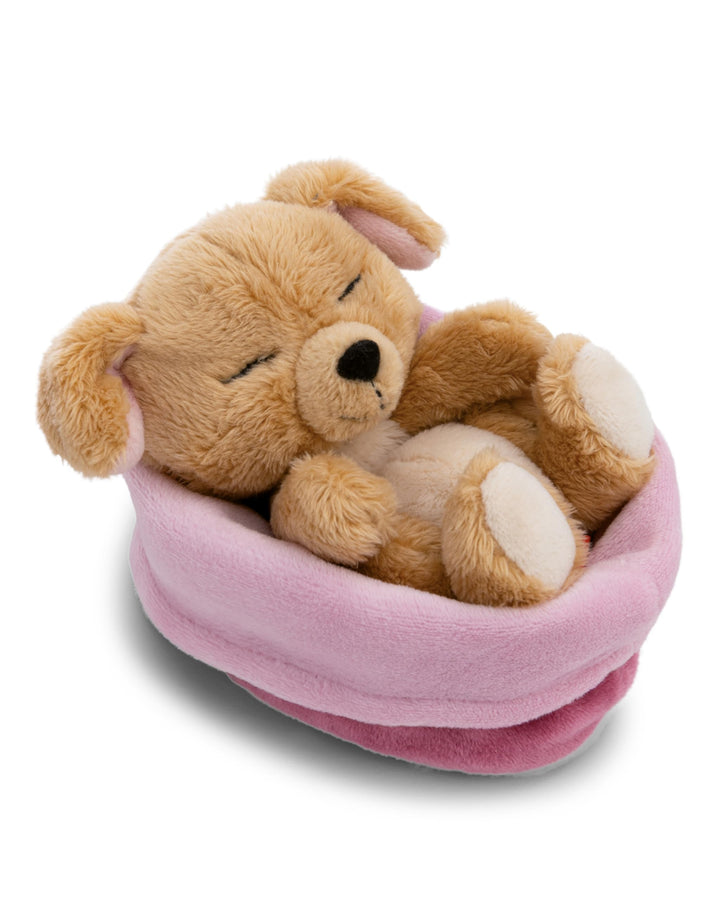 NICI Kuscheltier Hund 12cm schlafend im Körbchen - beige - 63133 | Stofftier aus weichem Plüsch, nie
