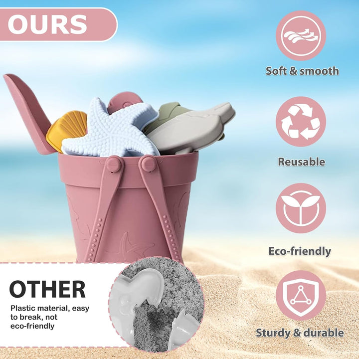 Sandspielzeug für Kinder, 8 Stück, sicheres Silikon-Strandspielzeug mit Schaufel, Eimer und Sandform