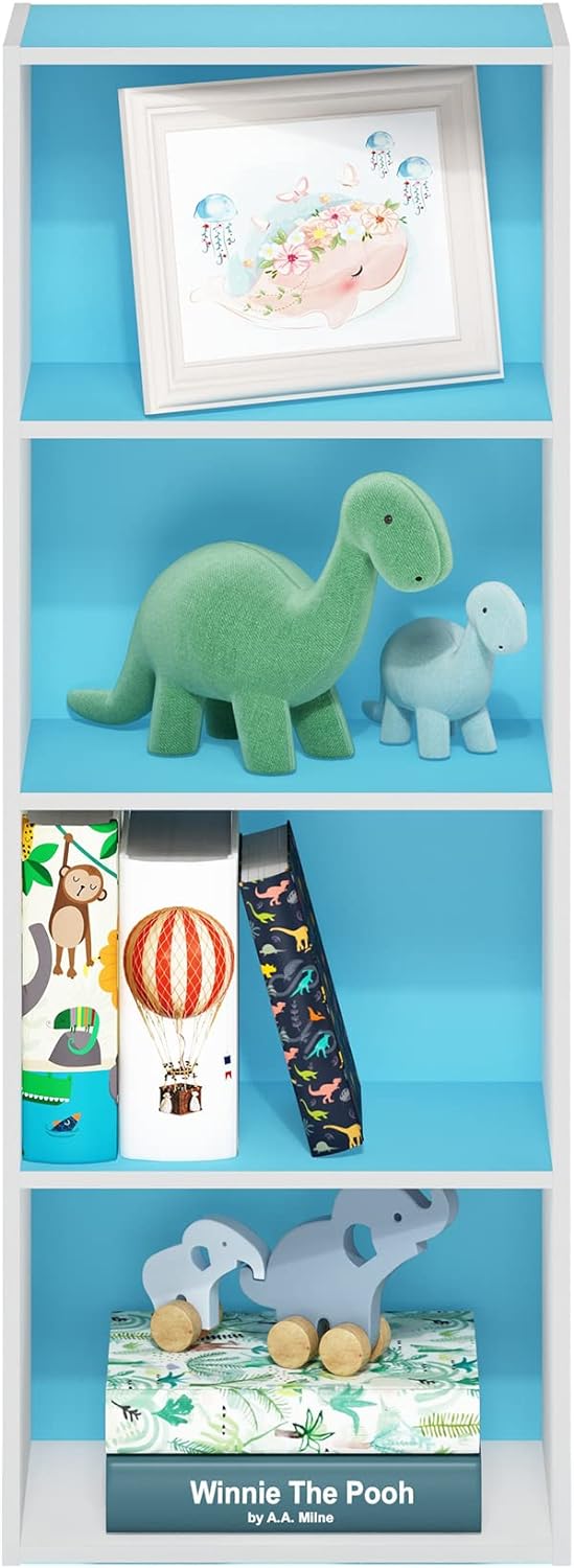 Furinno Luder Bücherregal mit 4 Ebenen, Holzwerkstoff, Weiss/Hellblau, 23.7(D) x 39.5(W) x 105.9(H)