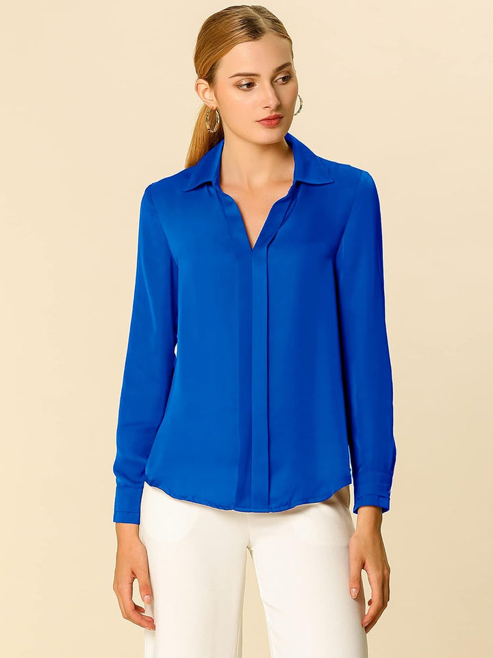 Allegra K Damen Satin Bluse Langarm Hemdkragen V-Ausschnitt Shirt Elegant Top XS Königsblau, XS Köni
