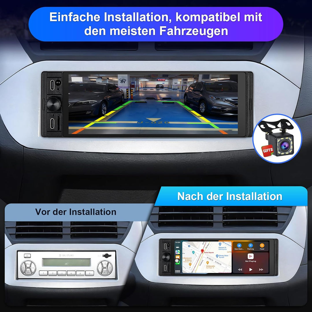 1Din Car Radio with Wireless Carplay &amp; Android Auto, Bluetooth Autoradio 1Din mit 6,28 Zoll HD IPS B
