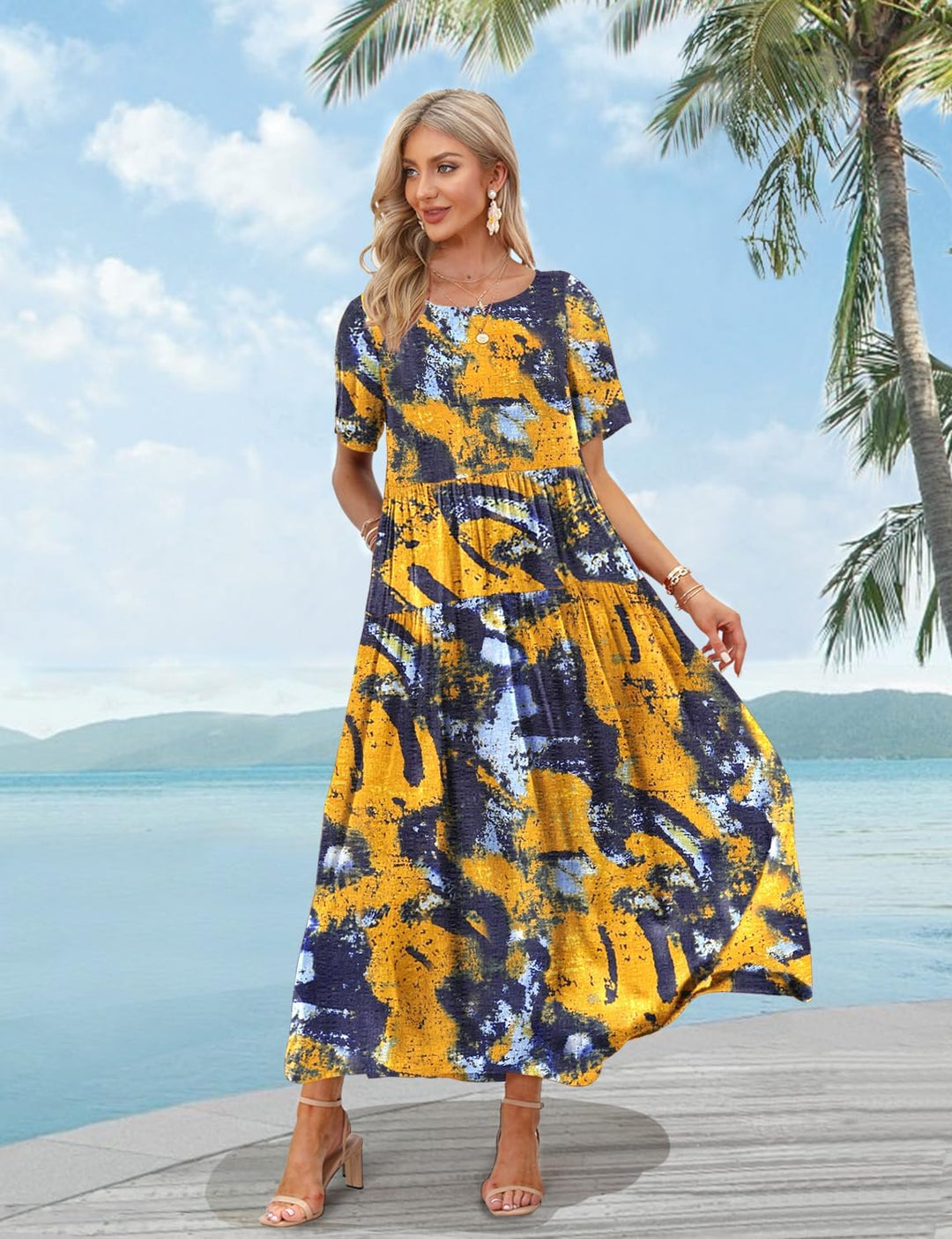 YESNO Damen Kleider Freizeit Lose Sommerkleid Lang Boho Maxikleid für Rundhals Strandkleid Blumenkle
