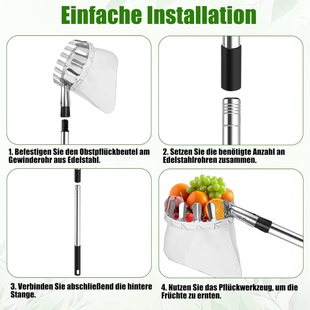 4,2M Obstpflücker mit Teleskopstiel, Apfelpflücker, Kirschenpflücker mit Leichter Edelstahl Teleskop