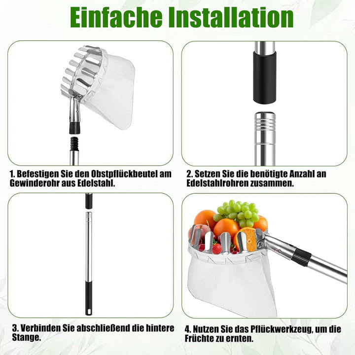 4,2M Obstpflücker mit Teleskopstiel, Apfelpflücker, Kirschenpflücker mit Leichter Edelstahl Teleskop