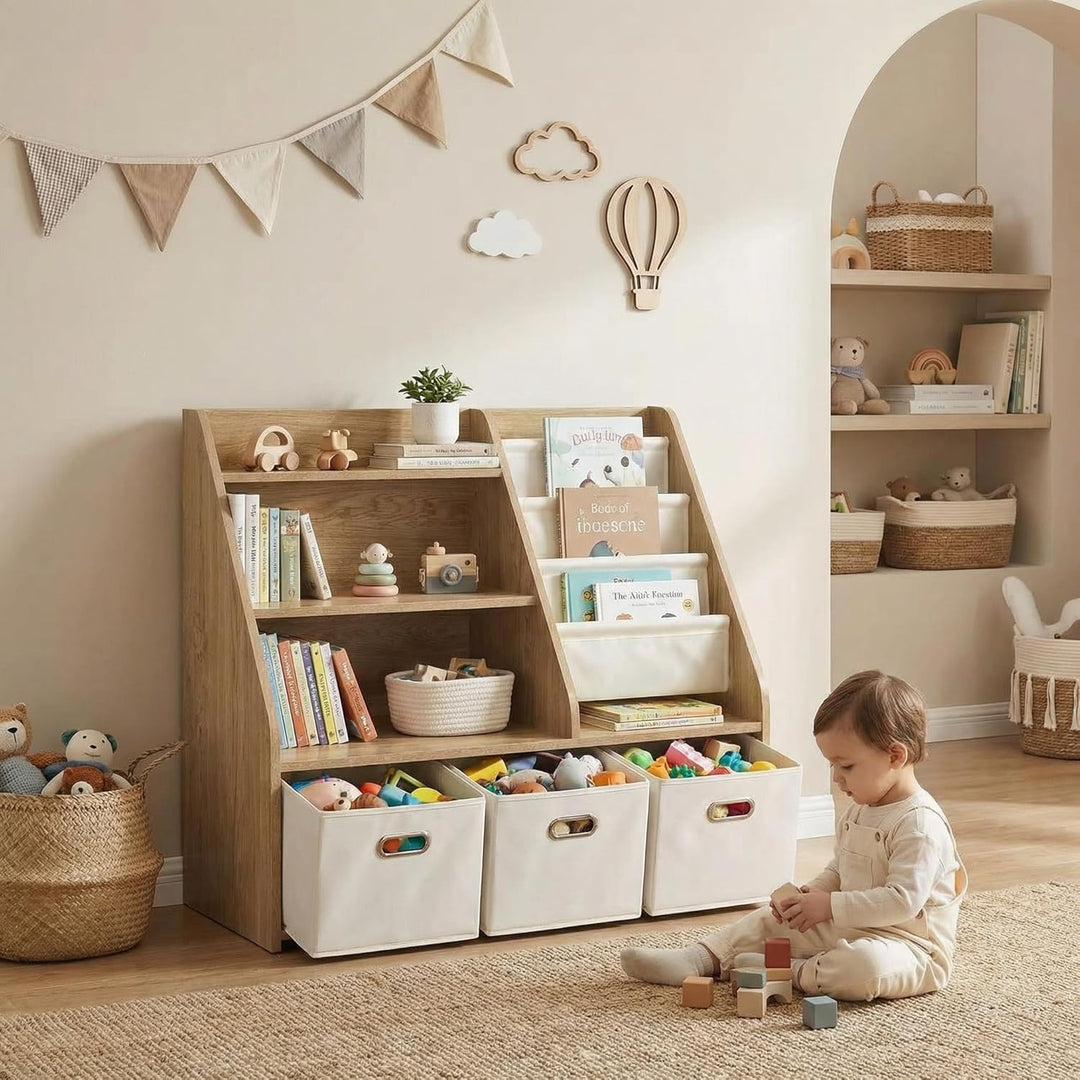 Kinder Bücherregal mit Aufbewahrung – 4‑stufiges Montessori Spielzeugregal aus Holz mit 3 Schubladen