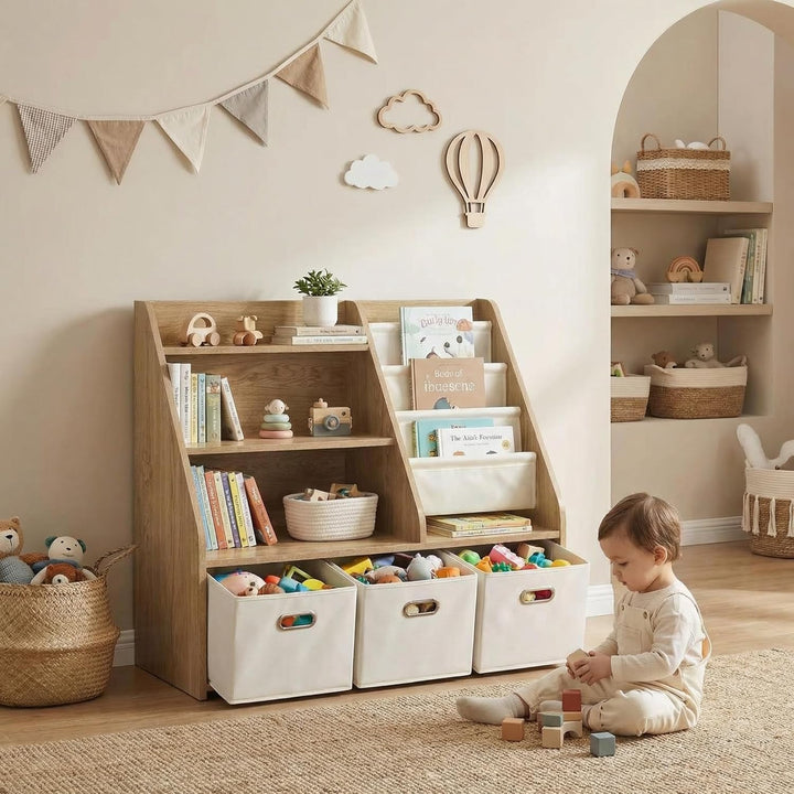 Kinder Bücherregal mit Aufbewahrung – 4‑stufiges Montessori Spielzeugregal aus Holz mit 3 Schubladen