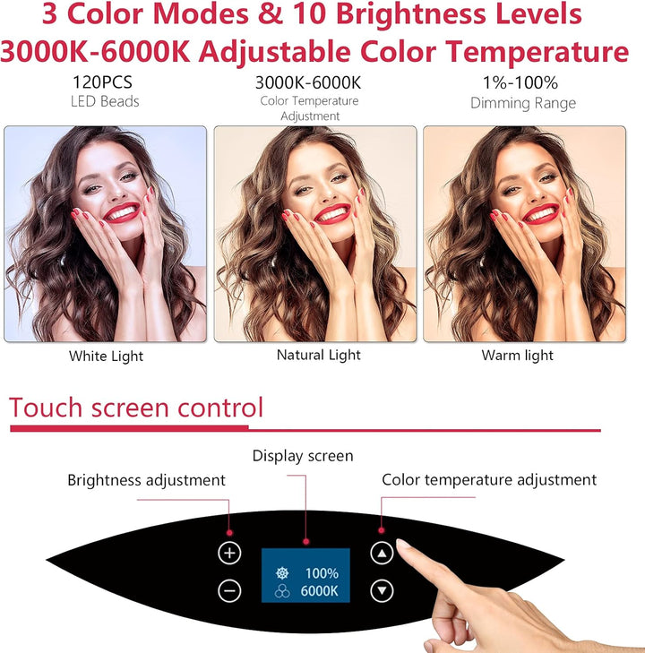 LED-Ringlicht mit Stativständer, Selfie-Ringlicht, 48,3 cm, LCD-Display, Touchscreen, dimmbares Lich