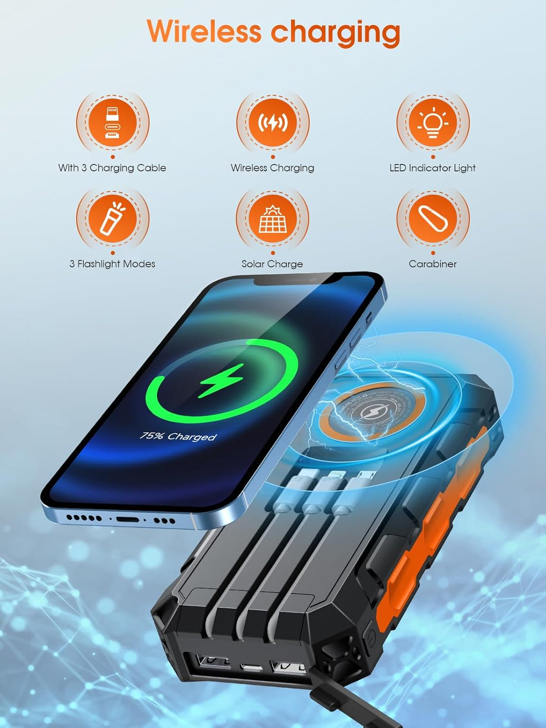 52800mAh Solar Powerbank, 30W PD Power Bank Schnellladefunktion mit 3 Integrierten Kabel, 7 Ausgänge