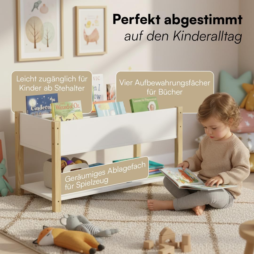Bellabino Teme Bücherregal Kinderzimmer – Kinderbücherregal mit 4 Fächern – Montessori Bücherregal m