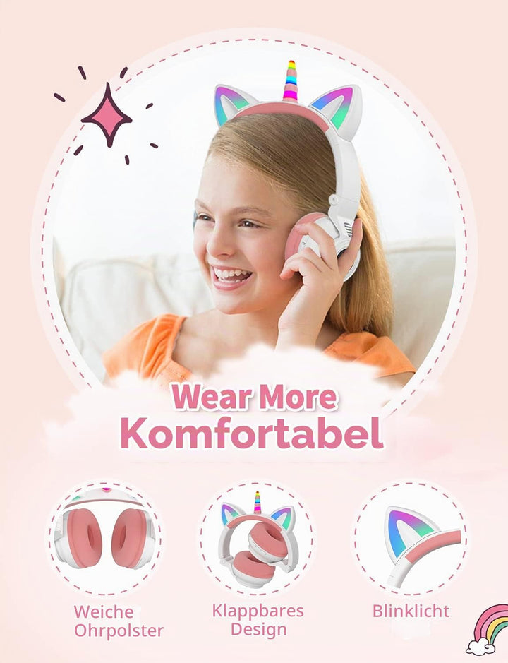 Einhorn Kopfhörer Bluetooth, Kabellos Over-Ear Mädchen Headset mit LED-Beleuchtung, Stereo Sound, Mi