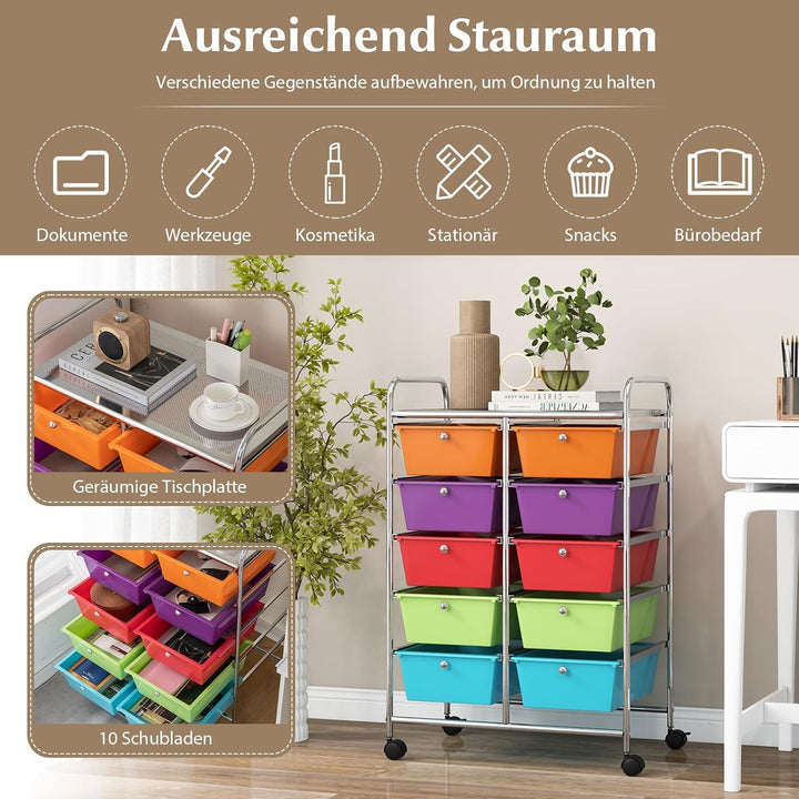 GOPLUS Rollwagen mit 10 Schubladen stapelbar, Rollcontainer mit Ablage & Metallgestell, Badregal, Au