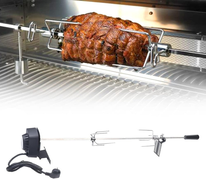 Grillspiess mit Motor, Edelstahl Drehspiess Grill, 100 cm Rotisserie Drehspiess, 2X Fleischnadeln, 2