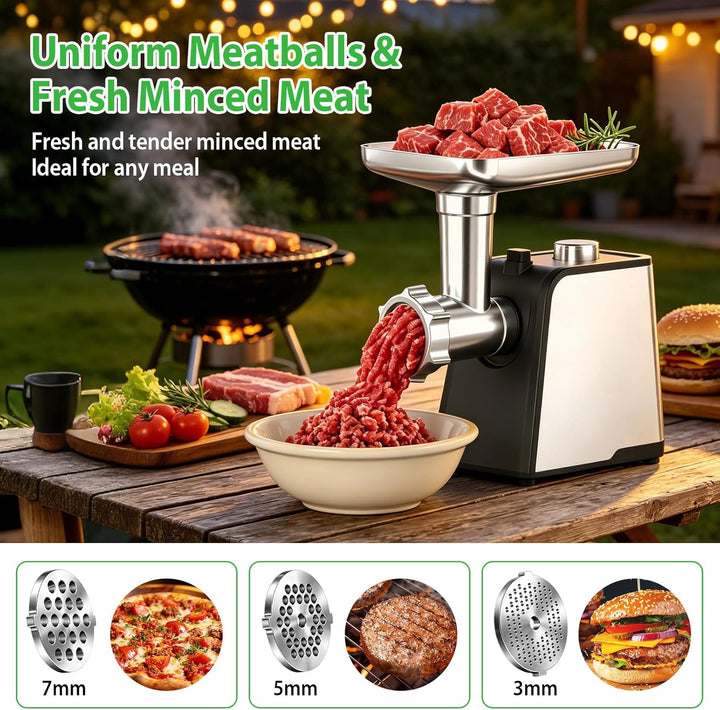 Elektrischer Fleischwolf 3 in 1 mit Wurstfüller, 3200W Fleischwolf Edelstahl, Wurstmacher mit 3 Wurs