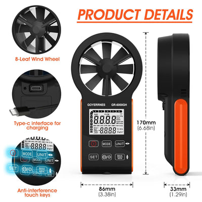 Handheld Windmesser Digitaler Anemometer,GR-6000GH Air Flow geschwindigkeits Windgeschwindigkeits CF