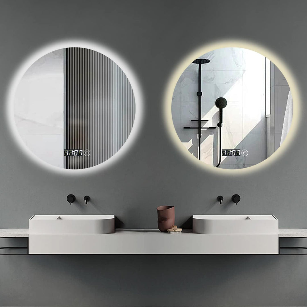 Boromal LED Badspiegel Rund mit Beleuchtung 70x70cm LED Spiegel Rund mit Uhr 3000K-6500K 2352LM Bade