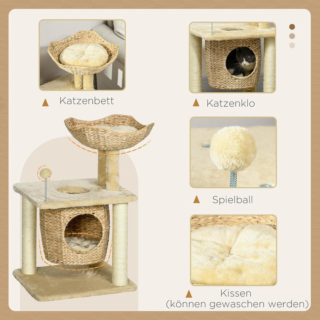 PawHut Kratzbaum 74 cm Katzenbaum mit Katzenhöhle Bett Spielball Beige | Katzenkratzbaum mit Sisal-K