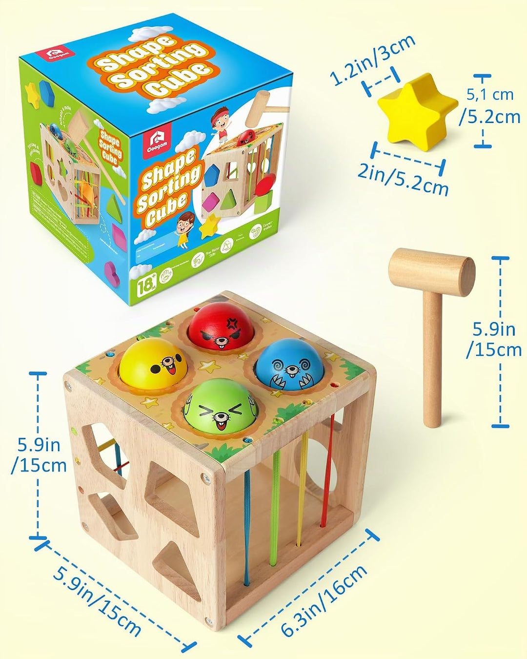 Coogam Holz Montessori Kinderspielzeug, Formen Klassifizierung Cube Gewicht Schlag Maulwurf Feinmoto