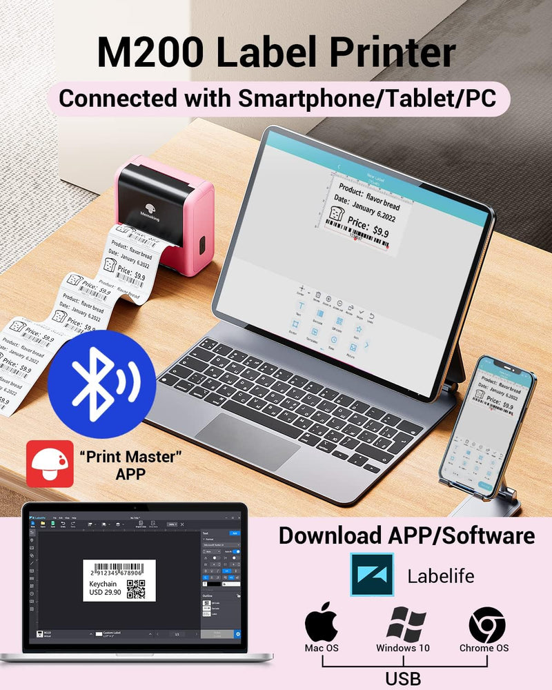 M200 Bluetooth Etikettendrucker, Thermo Beschriftungsgerät Selbstklebend, Upgrade 3 Zoll Labeldrucke