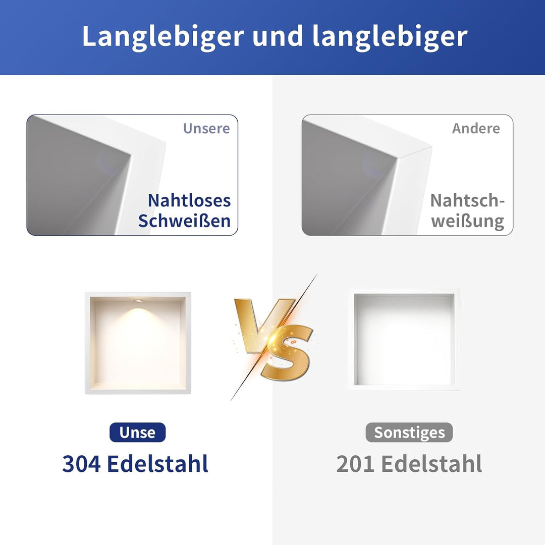 Wandnische Dusche Edelstahl mit LED Downlight, 30 cm x 30 cm, Wasserdicht - Keine Fliesen Erforderli