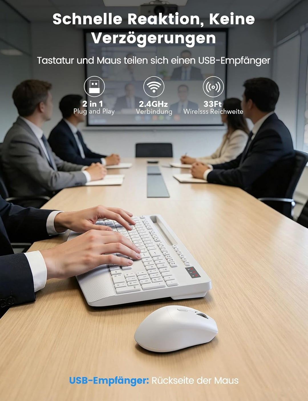 Tastatur Maus Set Kabellos, Ergonomische Tastatur in Voller Grösse mit Handgelenkauflage, Telefonhal