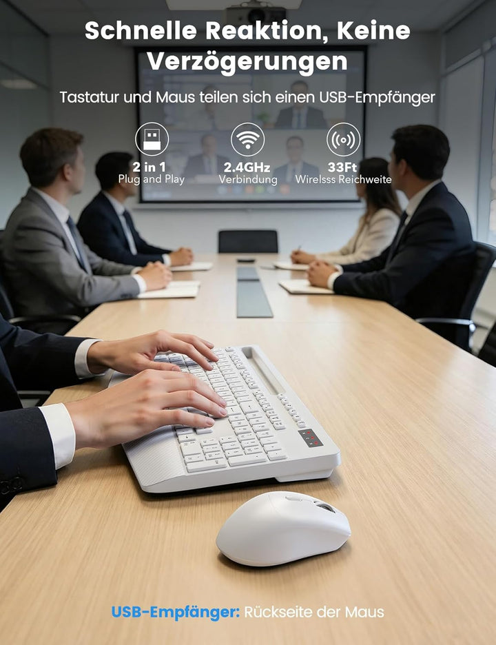 Tastatur Maus Set Kabellos, Ergonomische Tastatur in Voller Grösse mit Handgelenkauflage, Telefonhal
