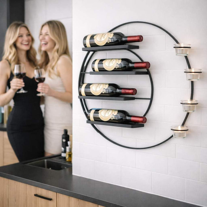 DanDiBo Weinregal für 4 Flaschen und Teelichter Metall 55 cm Wand Schwarz Vivace 96214 Rund Flaschen
