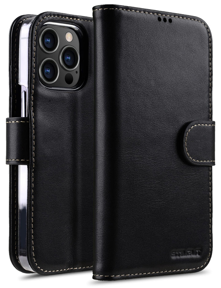 STILGUT Talis kompatibel mit iPhone 13 Pro Max (6.7“) Hülle mit Kartenfach aus Leder, Flip Cover, Wa