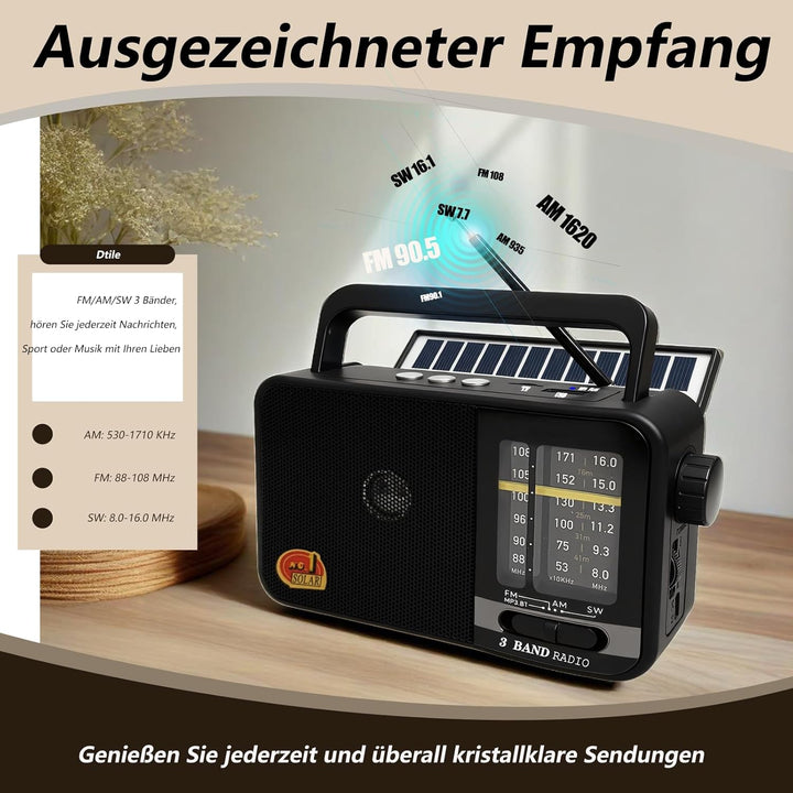 Bluetooth Radio Klein mit Solarzelle und 1200mAh-Batterie, AM/FM/SW Empfänger mit 8W Lautsprecher/TW