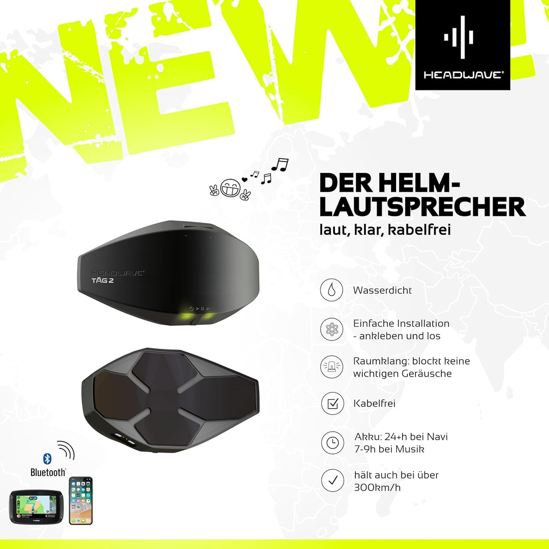 Headwave TĀG 2 - Bluetooth Lautsprecher für Motorrad-Helme, Musik und Navigations-Ansagen, Headset,