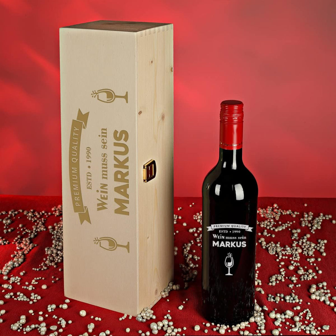polar-effekt 2-TLG Wein Geschenkidee - mit Wunschname graviert - 700 ml Weinflasche und Kiste aus Na