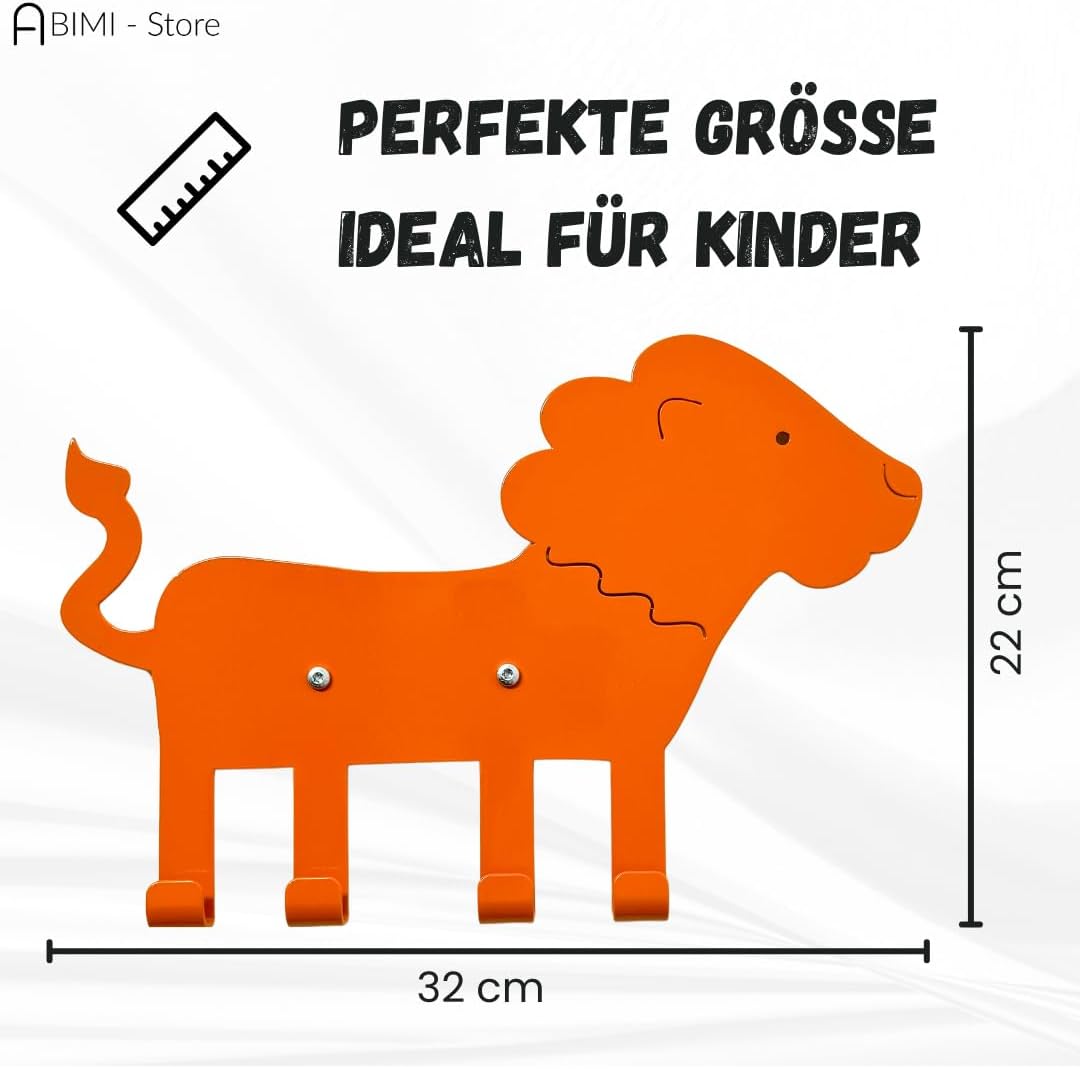 ABIMI Kindergarderobe Löwe aus pulverbeschichtetem Stahl – 4 Haken als Tierbeine – Wandgarderobe für
