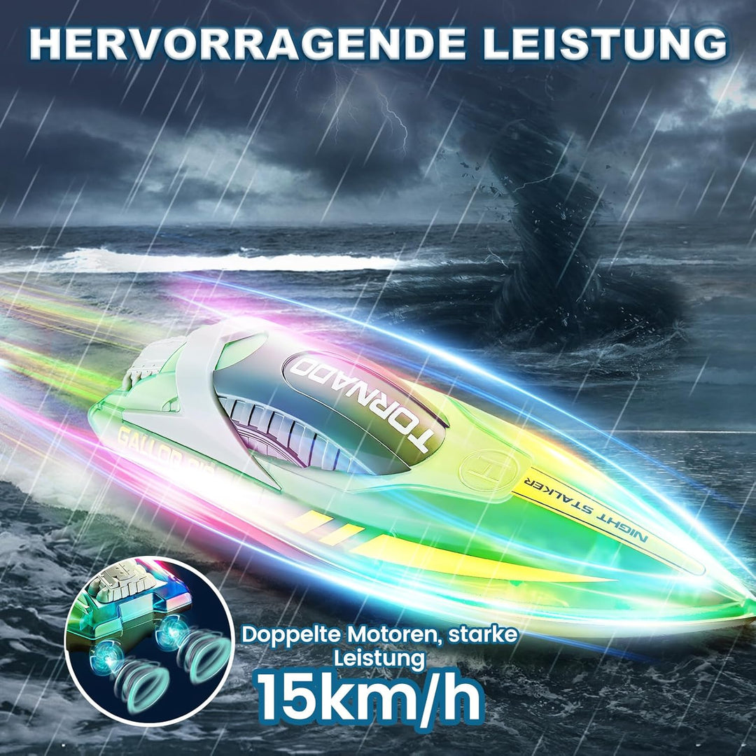 JONRRYIN Ferngesteuertes Boot, RC Boot mit LED-Licht für Pools und Seen, 2,4 GHz Ferngesteuerte Boot