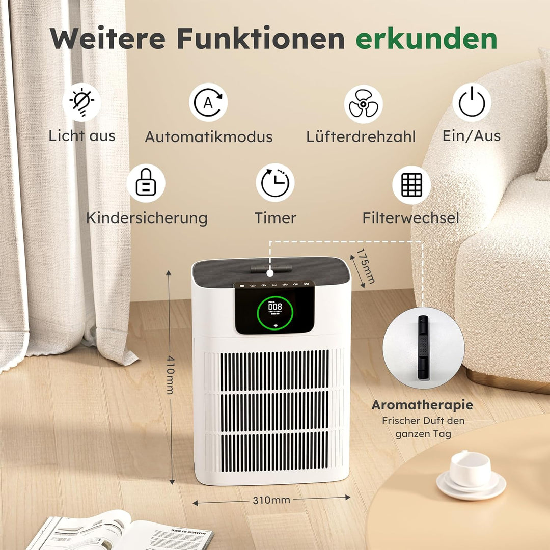 Luftreiniger mit HEPA und Aktivkohlefilter gegen Schimmel Staub Pollen Tierhaare, CADR 330 m³/h für