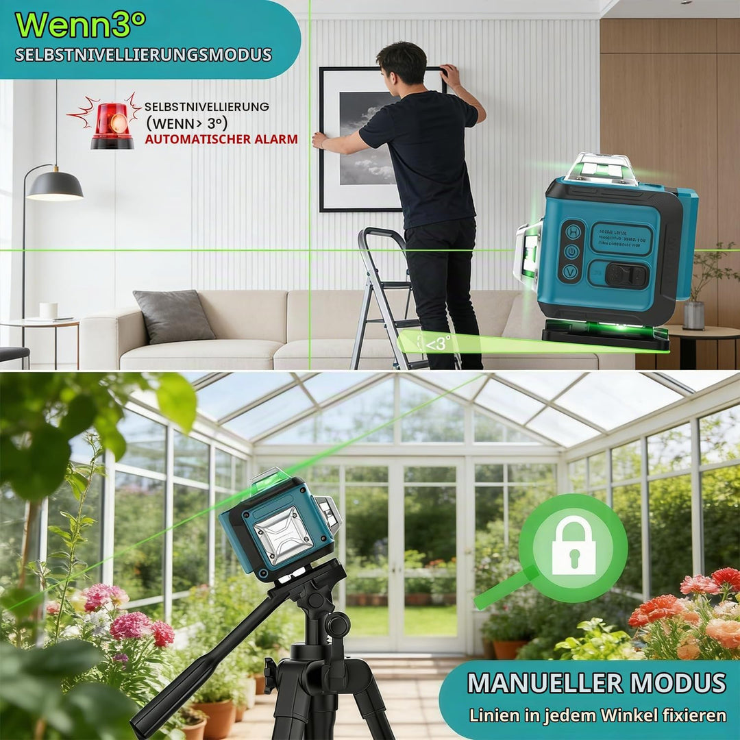 KARZU 16 Linien Kreuzlinienlaser Grün 4x360° – Ultra-stabiles Profi-Gehäuse, Selbstnivellierend, 2x