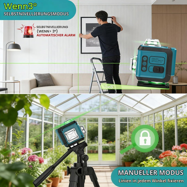 KARZU 16 Linien Kreuzlinienlaser Grün 4x360° – Ultra-stabiles Profi-Gehäuse, Selbstnivellierend, 2x