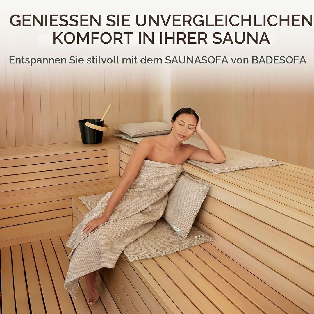 SAUNASOFA Set Short – 2-Sitzer Sauna-Auflage mit Kissen – Saunamatte für Infrarot-Kabine &amp; klassisch