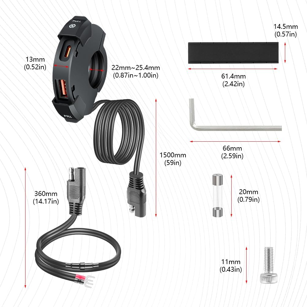 URAQT 48W USB C Steckdose 12V Motorrad Ladegerät, Moto Telefon Ladegerät, QC3.0 USB-A und Typ-C Wass