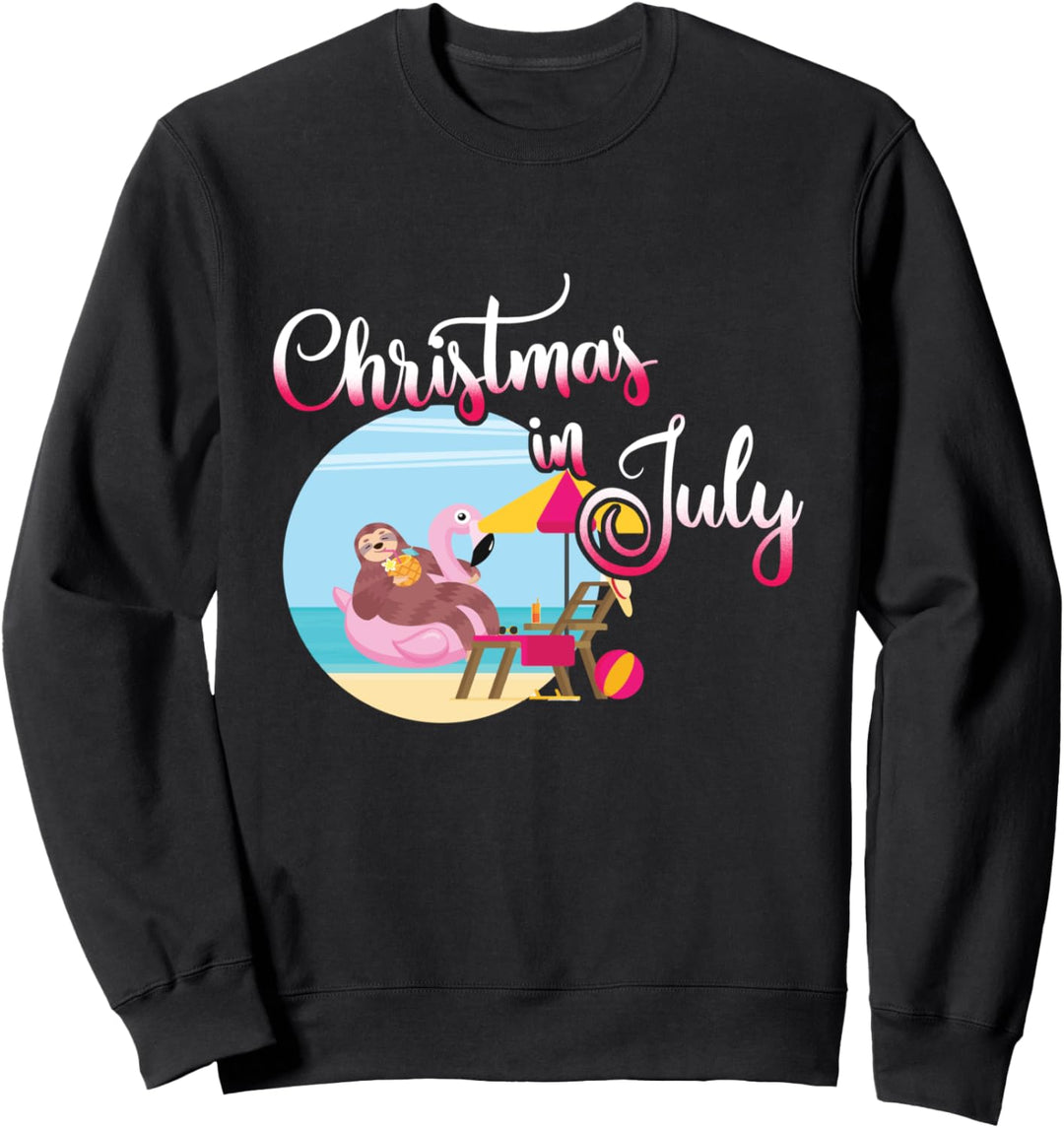 Christmas In July - Lazy Sloth On Flamingo Float - Vacation Sweatshirt