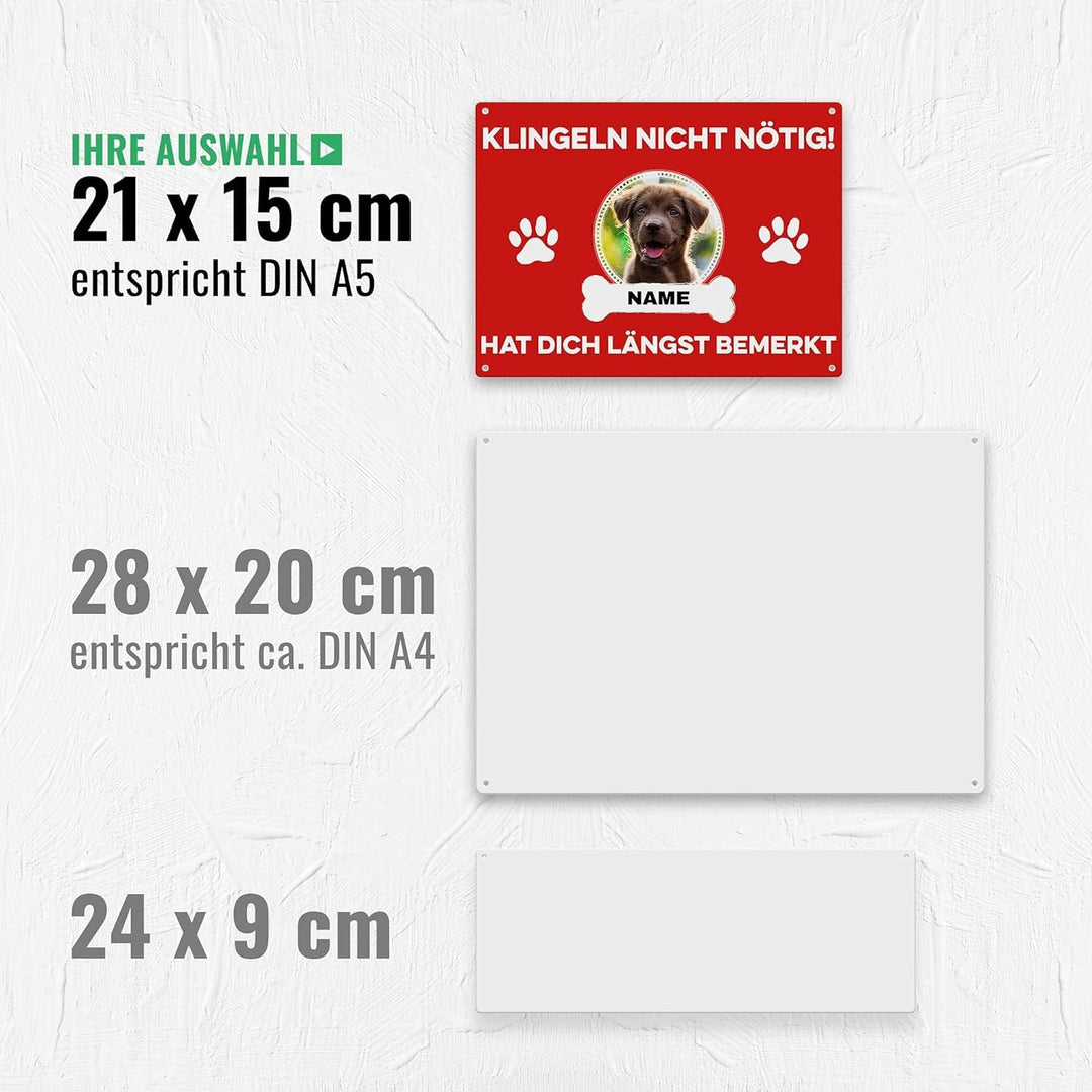 Hunde Schild personalisiert - Klingeln nicht nötig - Metallschild mit Foto und Name für aussen, wett