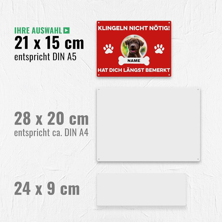 Hunde Schild personalisiert - Klingeln nicht nötig - Metallschild mit Foto und Name für aussen, wett