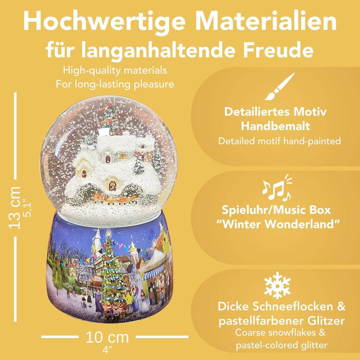 Schneekugel Weihnachten Spieluhr | Berglandschaft mit Zug | Sockel Winterlandschaft Polyhaus | mit M